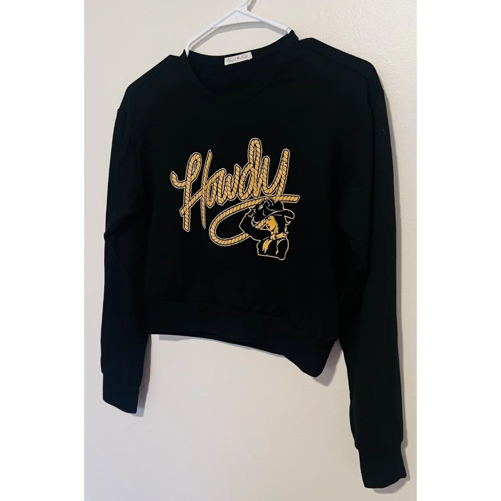 Howdy Western Cropped Sweatshirt Top Women’s Medium Black Country Rodeo Cowgirl - Picture 4 of 4
